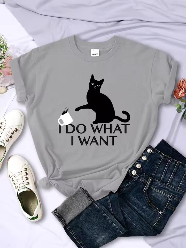 Funny Cat Printed Women's T-shirt Creative Short Sleeve Casual Breathable Top Tee Black Cat Want Letter Fashion Women's Clothing