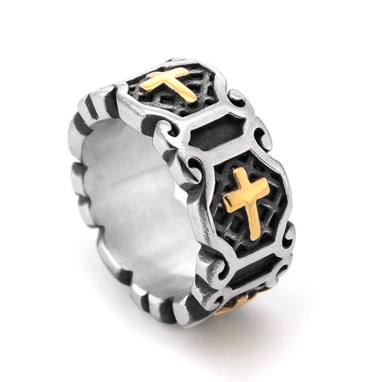 

Punk Vintage Black Big Cross Ring For men Party Jewelry Men Trendy Gothic Gold Color Finger gift Jewelry 13 золотий