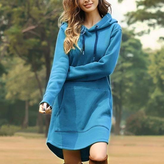 Casual Women Autumn Winter Long Sleeve Pocket Drawstring Loose Hoodie Mini Dress