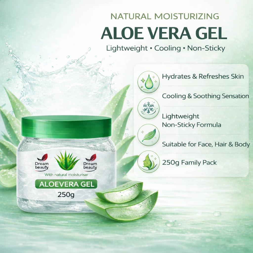 Dream Beauty White Transparent Aloe Vera Gel Natural Moisturizing & Soothing Gel for Face, Skin, Hair and Body Care, Lightweight Non-Sticky Formul