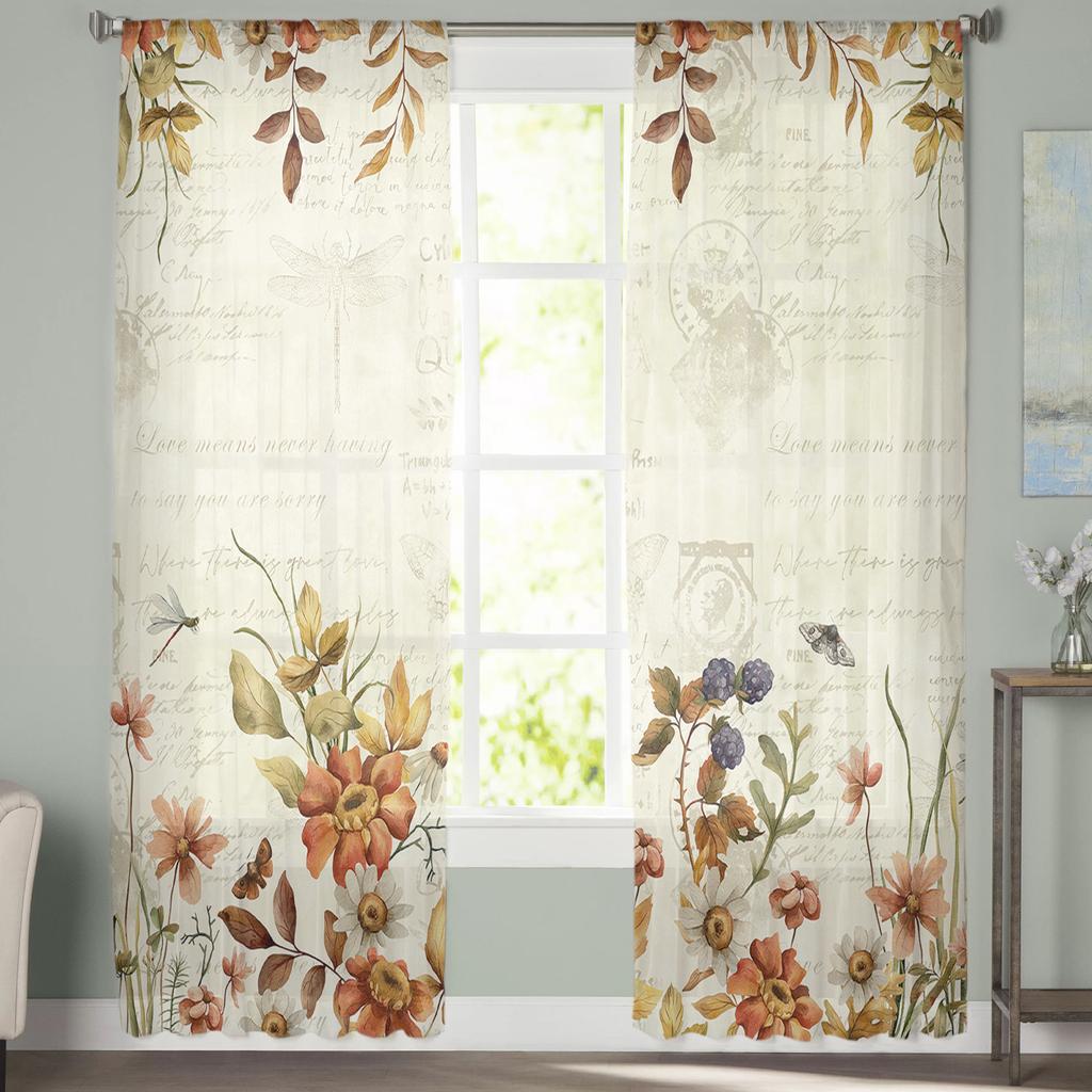 Flowers Butterflies Dragonflies Leaves Voile Sheer Curtains Living Room Window Tulle Curtain Kitchen Bedroom Drapes Home Decor