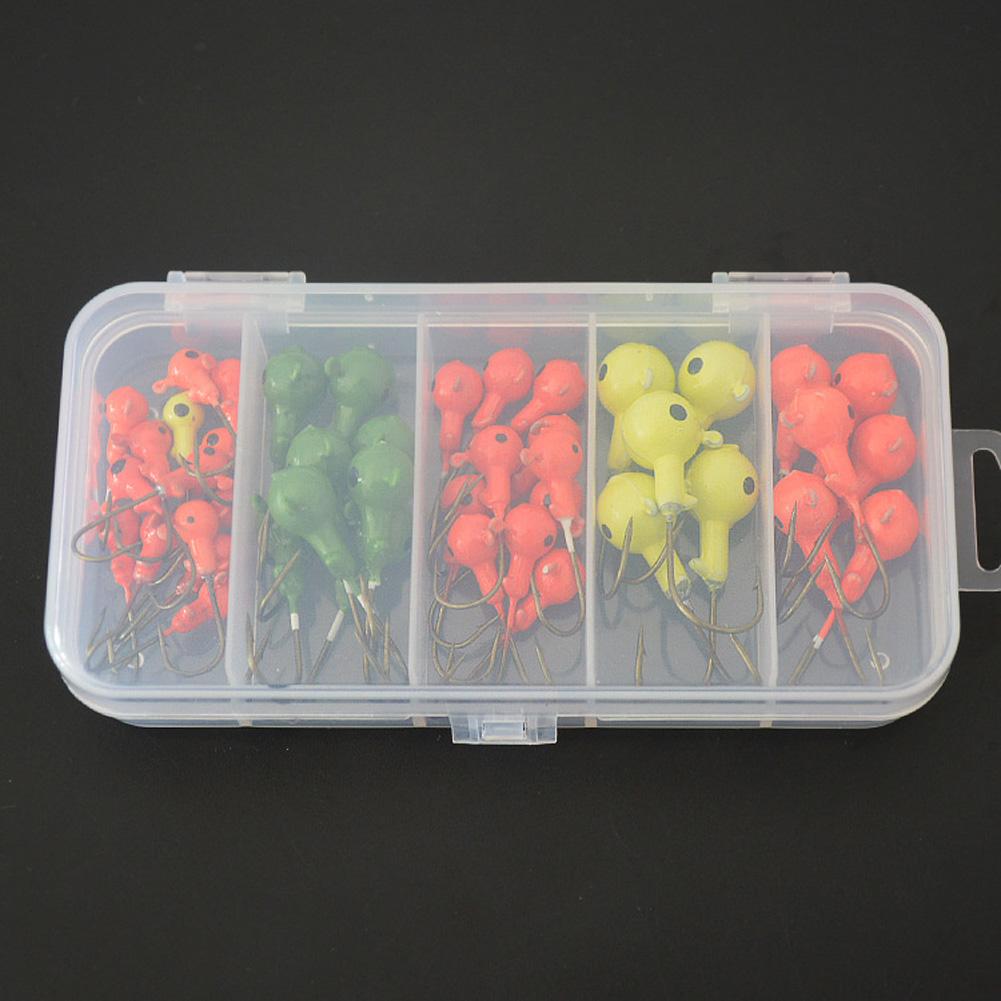 45PCS Painted Fishing Jig Hooks Glow Jig Head Hooks With Tackle Box For Outdoor Freshwater Saltwater Trout Bass Walleye Fishing
