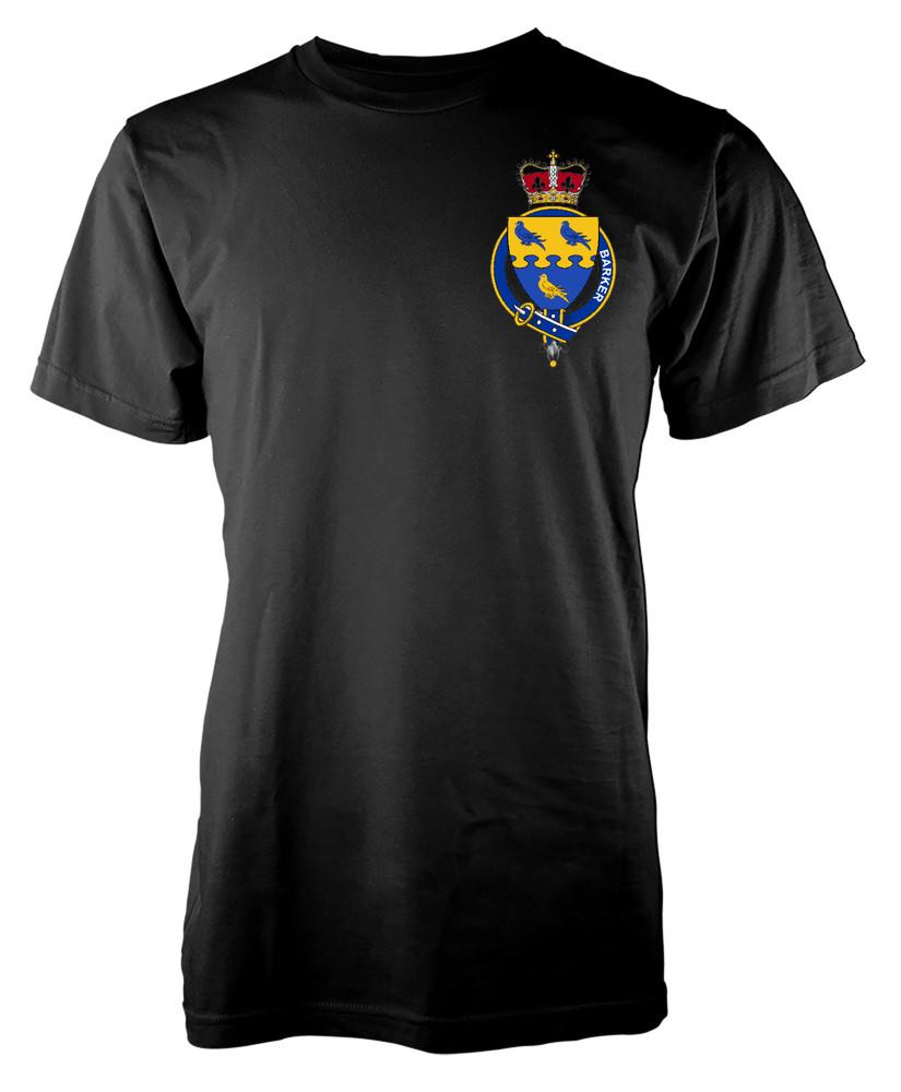

Personalised Family Name Barker T-Shirt Family Crest Badge Coat Of Arms Adult 3XL