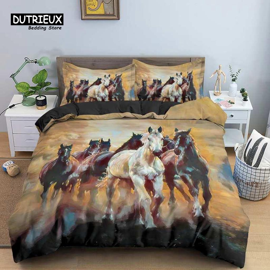 Horse Duvet Cover 3D Steed Farm Animal Comforter Cover Polyester Exotic Style Western Cowboys Bedding Set Twin For Kids Boy Teen
