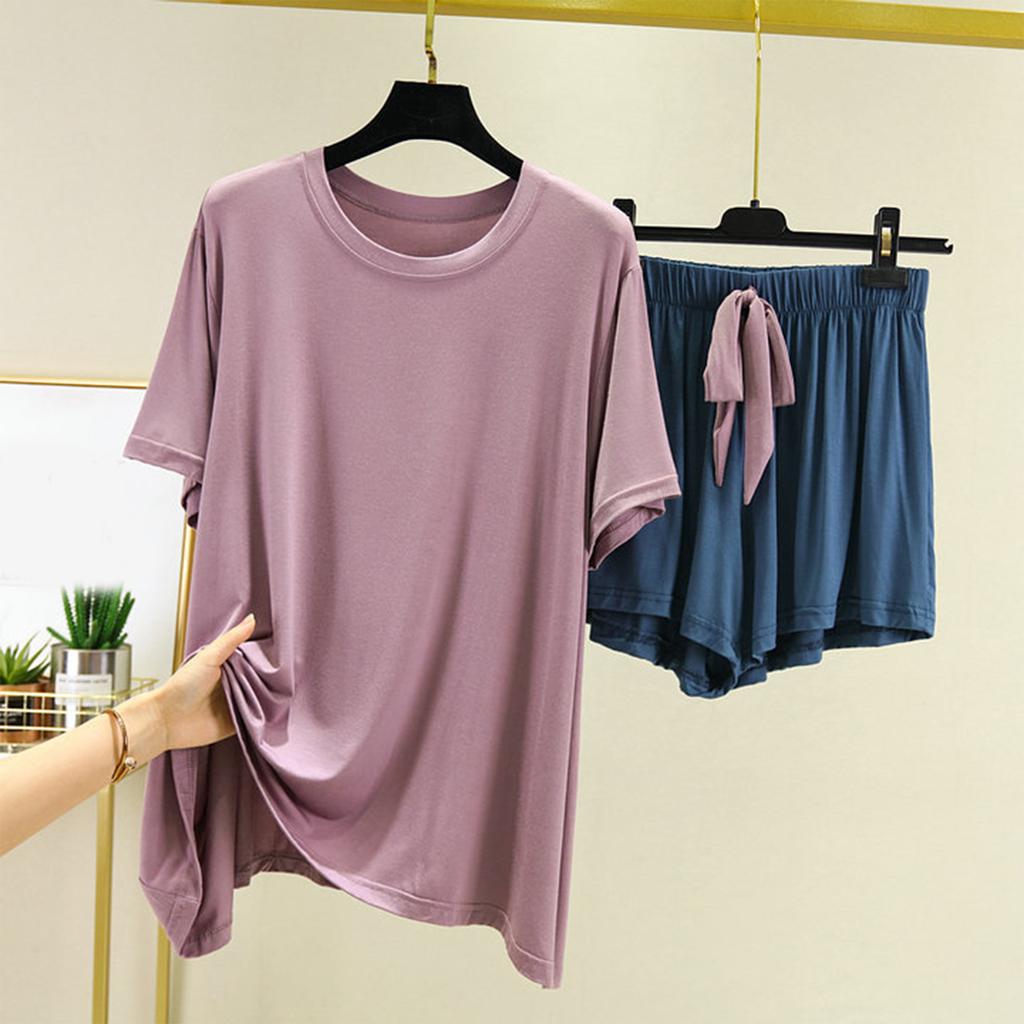 Women's Loose Casual Round Neck Short Sleeved T-shirt Shorts Set Solid Color Pajamas