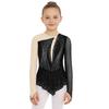 Girls Figure Skating Dance Dress: Long Sleeves Finger Holes Keyhole Back Mesh Patchwork Shiny Rhinestones Asymmetrical Hem