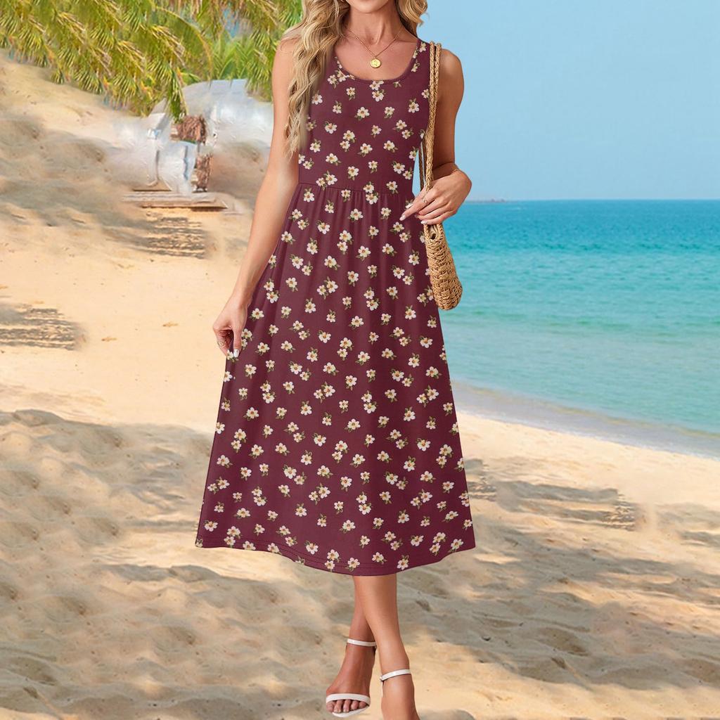 Ärmelloses Maxikleid mit Blumenprint für Damen, lässiger lockerer Schnitt, Sommer-Maxikleid mit Taschen, Rundhalsausschnitt