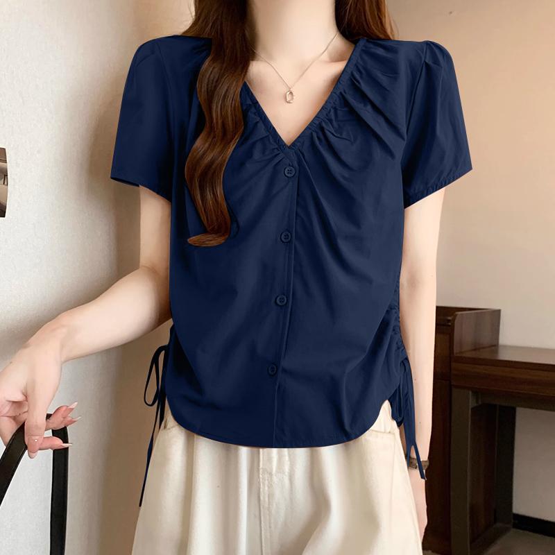 VONDA Summer Women V Neck Short Sleeve Side Drawstring Buttons Up Casual Blouse
