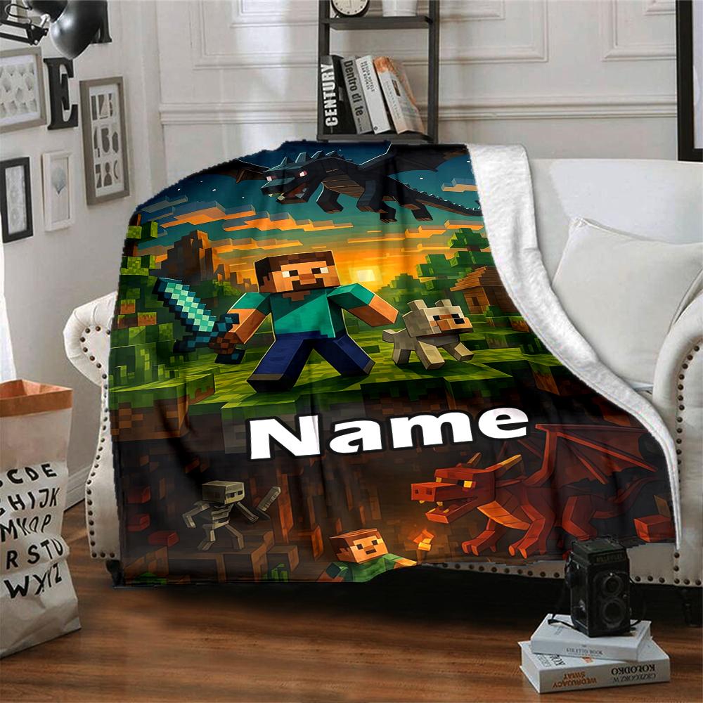 Custom Name Minecraft Theme Printed Blanket - Perfect for Couch, Bed, Travel & Outdoor Use | Machine Washable, Cozy & Durable.