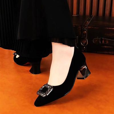 Pointed Rhinestone Single Shoes Women's 2025 Autumn New French Thick Heel Temperament High Heels Fashion Leather Shoes Shallow Mouth Women's Shoes