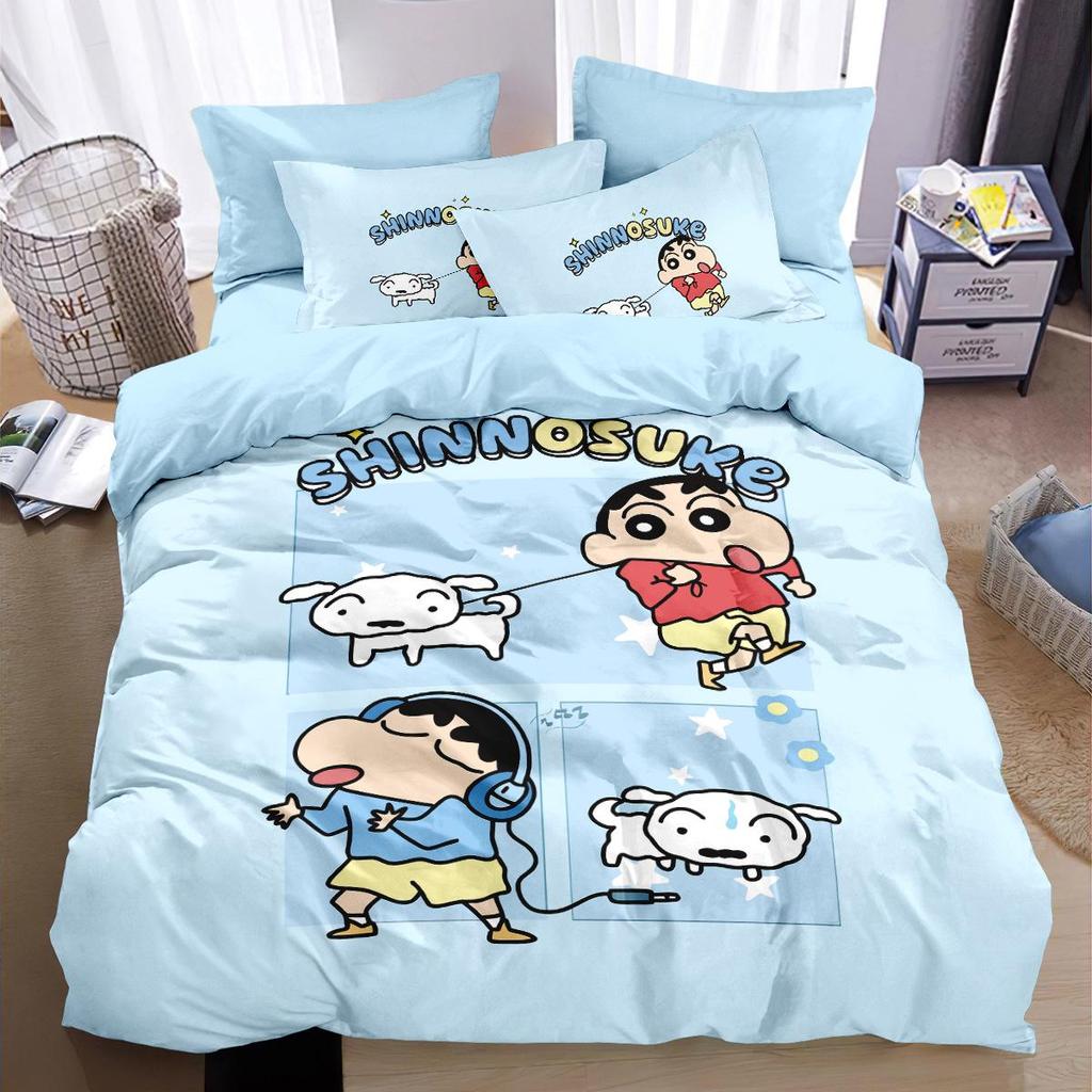 Crayon Shin-chan Cartoon Print Pure Cotton 4-Piece Duvet Cover & Bed Sheet Set for Kids' Dormitory.