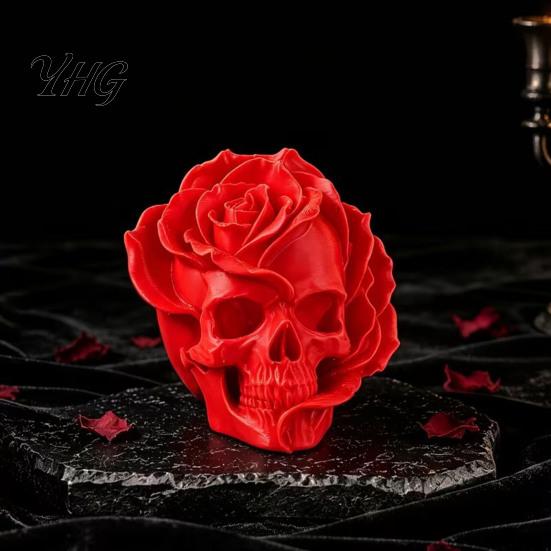 Rose Skull Decor Figurine, 3D Printed Gothic Ornament, Spooky Flower Home Statue, Halloween Centerpiece for Table Shelf Theme Party Supplies