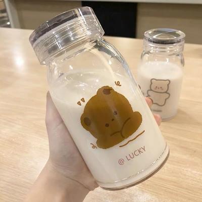 500ML Skleněná láhev na vodu s kresleným vzorem Opakovaně použitelný medvídek s víčkem Hrnček na mléko Žáruvzdorný hrnek z tlustého skla
