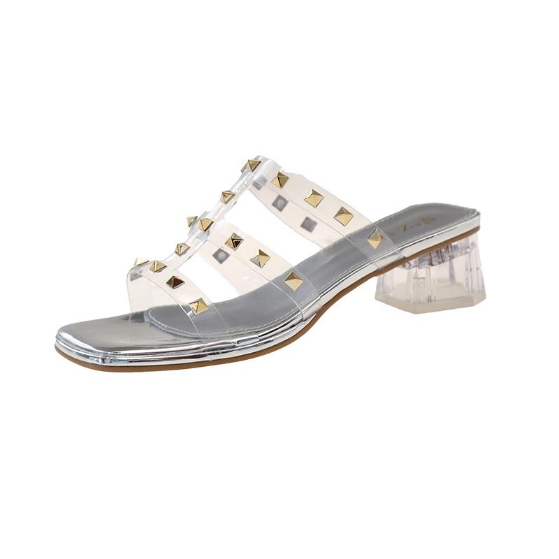 Fashion Hot Selling Shoes Woman's Slippers Transparent Heel Slides Fashion Med 2025 Luxury Summer Square heel Slipper Casual Shoe Woman