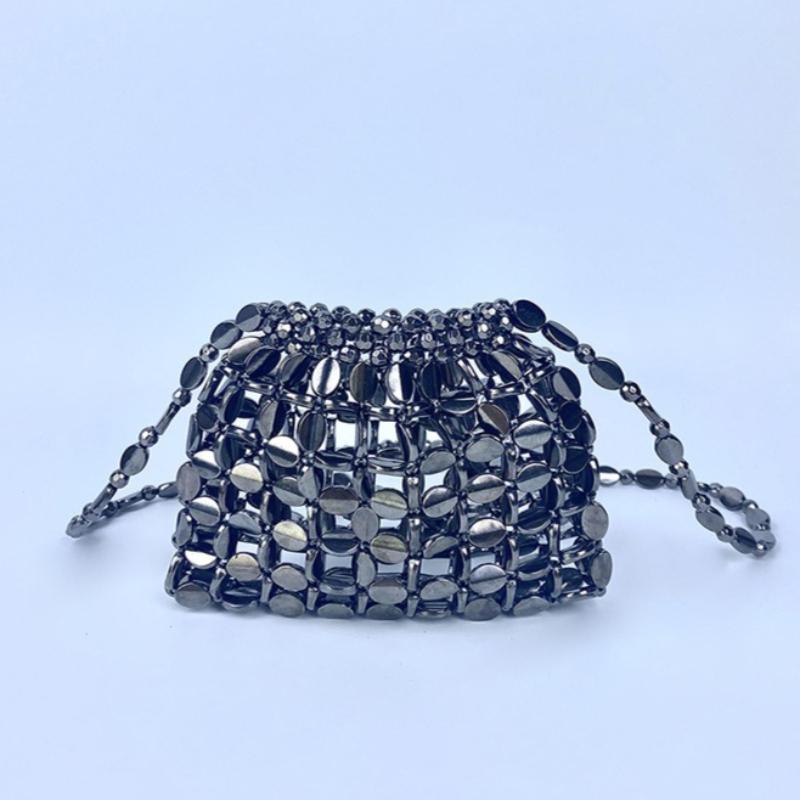 Women's Metallic Sequin Dumpling Bag, Handmade Beaded Woven Acrylic Crossbody Bag, Retro Shiny Shoulder Bag Phone Bag