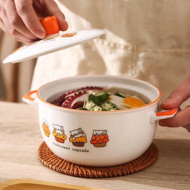 ZISIZ Cat Design Ceramic Noodle & Soup Bowls with Lids, Set of 2