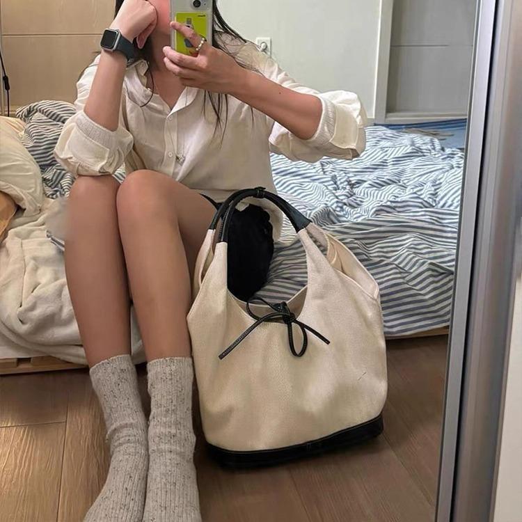 Korean Niche Retro Splicing Canvas Tote Bag Fashion Versatile Shoulder Bag Handbag Large Capacity Underarm Bag