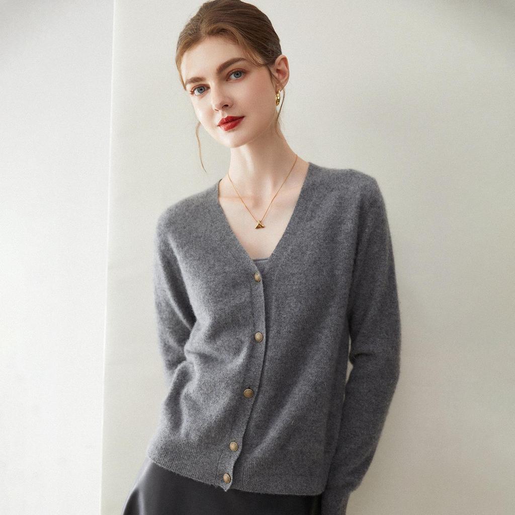 100% Pure Cashmere Women's V-neck Buttoned Cardigan Sweater - 2026 Autumn/Winter Collection