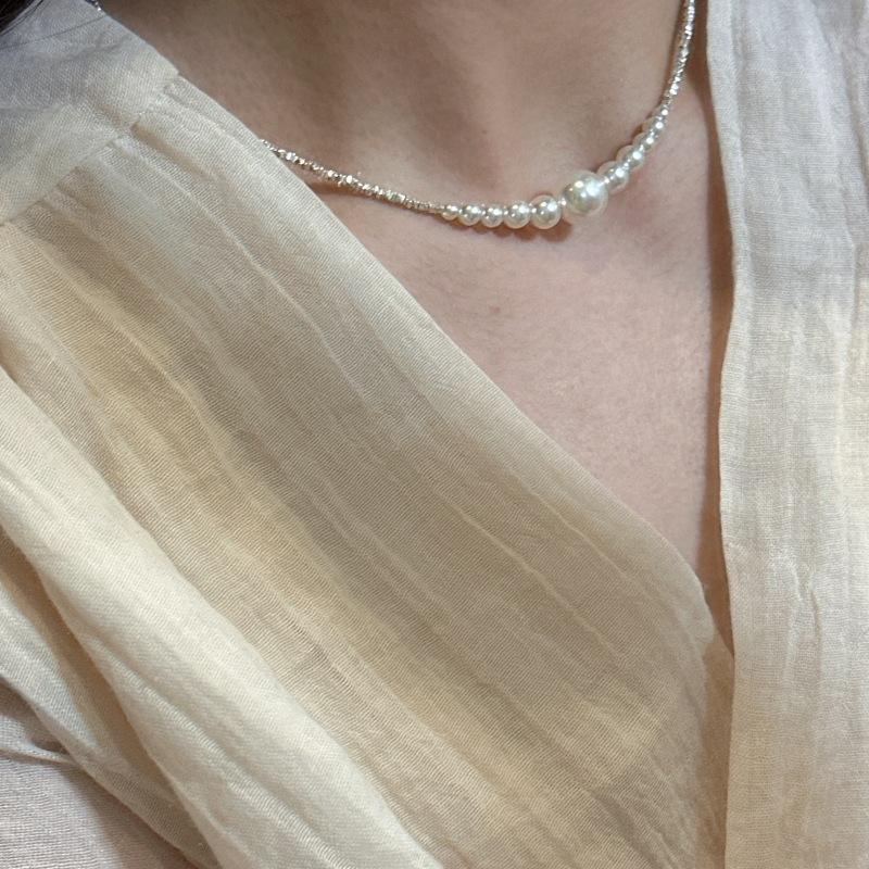 S925 Sterling Silver Smile Gradual Change Broken Silver Necklace French Retro Elegant Simple Strong Light Pearl Bracelet Jewelry