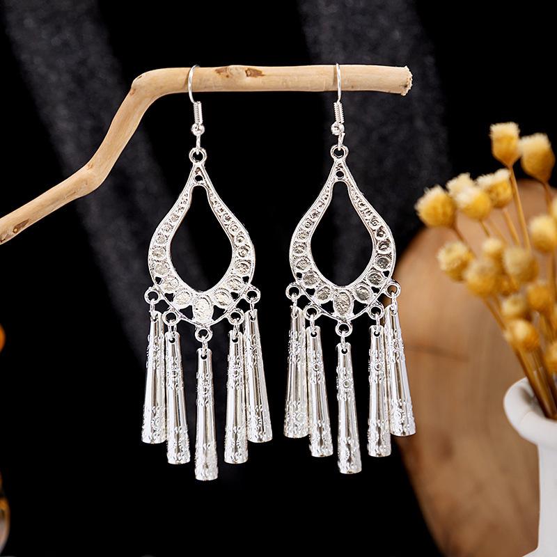 Miao Silver Tassel Dangle Earrings: Ethnic-Style Studs for Women