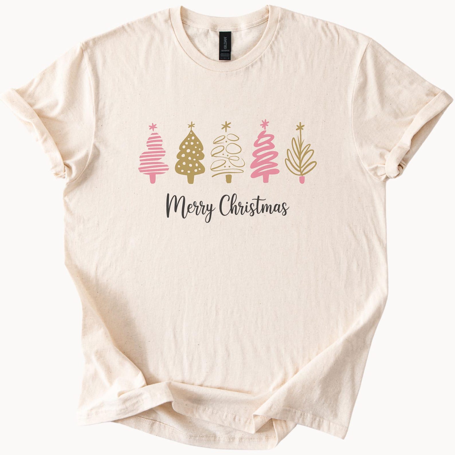 Merry Christmas Pink and Gold Modern Christmas Trees Merry Christmas Shirt Festive Holiday Tree Graphic Tee Christmas Shirt Christmas Gift 100