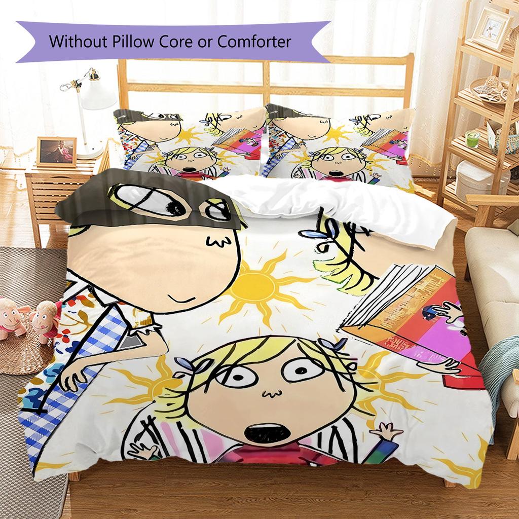 Charlie und Lola Muster Bettwäsche Steppbett Set Bettbezug Kissenbezug Heimdekoration Geburtstagsgeschenk (1 Bettbezug + 2 Kissenbezüge, ohne Füllung)