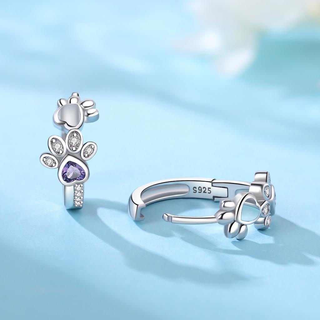 S925 Sterling Silver Purple Zircon Pet Paw Print Earrings Hoop Earrings Women Jewelry Original Trendy Anniversary Gifts