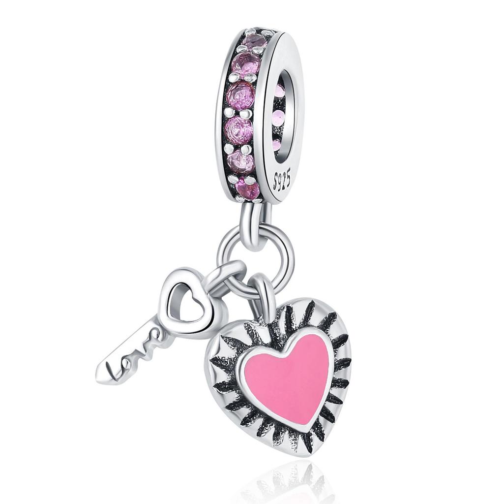 S925 Sterling Silver Heart & Key Pendant for DIY Necklace/Bracelet