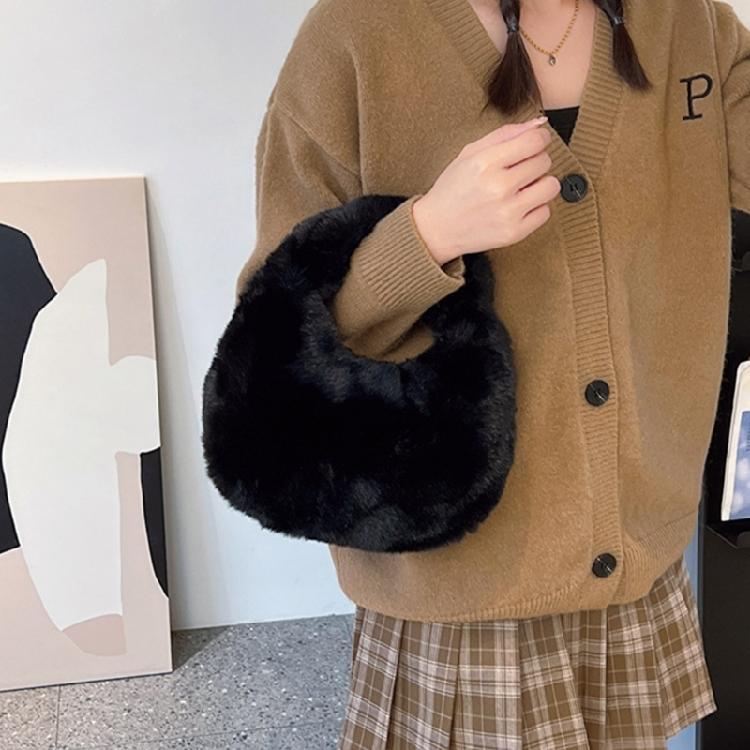 Faux Furs Shoulder Bag with Tie Zipper Casual Shoulder Bag Half Moon Purse Bag