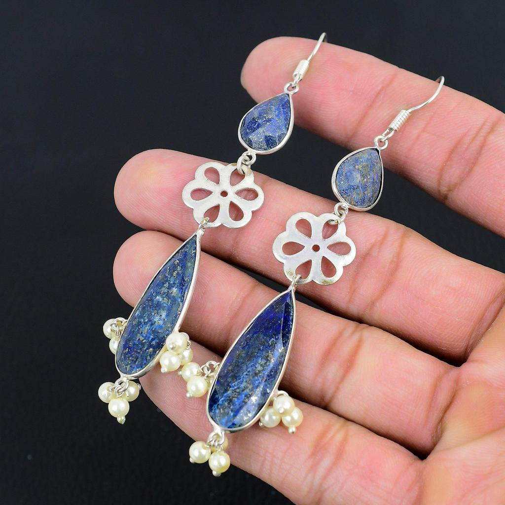 Sterling Silver Pear Natural Lapis Lazuli Birthday Drop Dangle Earrings Jewelry