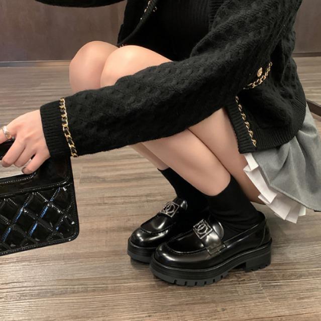 Yuanlitong two versions metal buckle thick heel platform loafers Korean version single shoes women's small fragrant wind small leather shoes wome