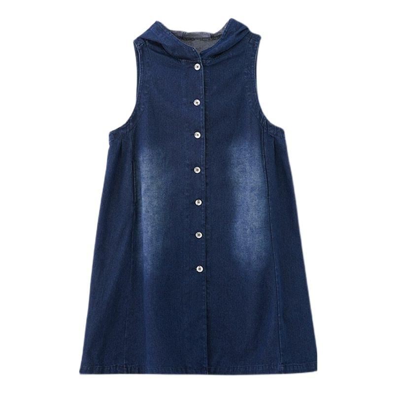 Loose Long Denim Sleeveless Hoodie Vest Autumn Fashion Outerwear for Women Simple Style Large Size Trendy Casual Jacket