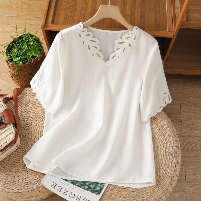 Stylish Blue Ramie Top: Unique & Loose Fit, Pretty Short-Sleeved Shirt for Women, Summer 2025