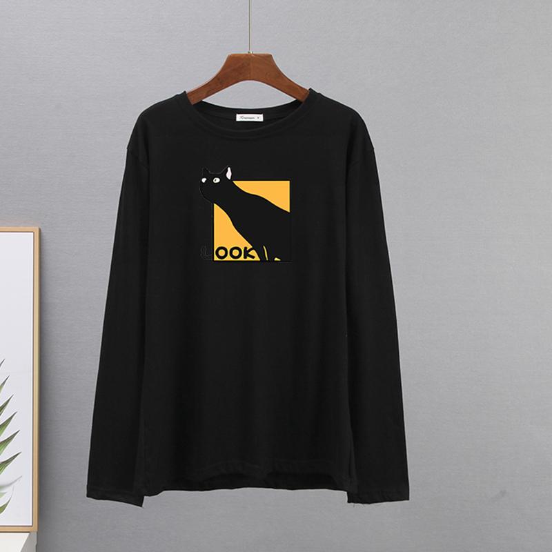 

Hirsionsan Повседневная свободная футболка женская весенняя новая простая простая футболка с круглым вырезом и круглым вырезом с милым котом женские модные универсальные топы с длинными рукавами для девочек M чёрный
