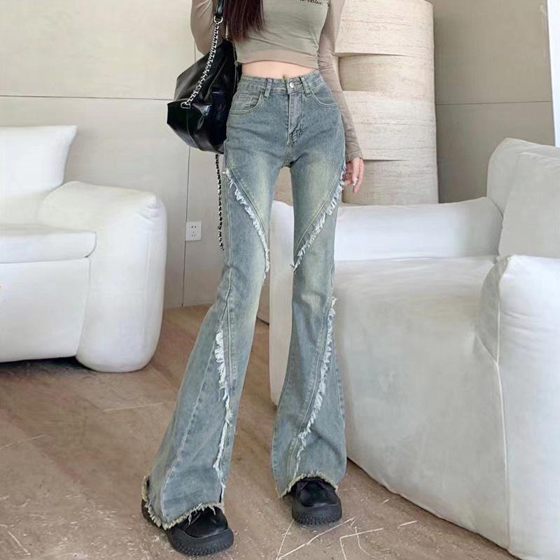 Women s Retro Patchwork High-Waisted Flare Jeans L