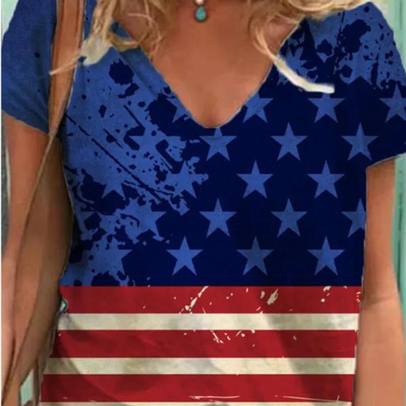 2022 Женские футболки с принтом американского флага и V-образным вырезом Одежда Женские — фото 5