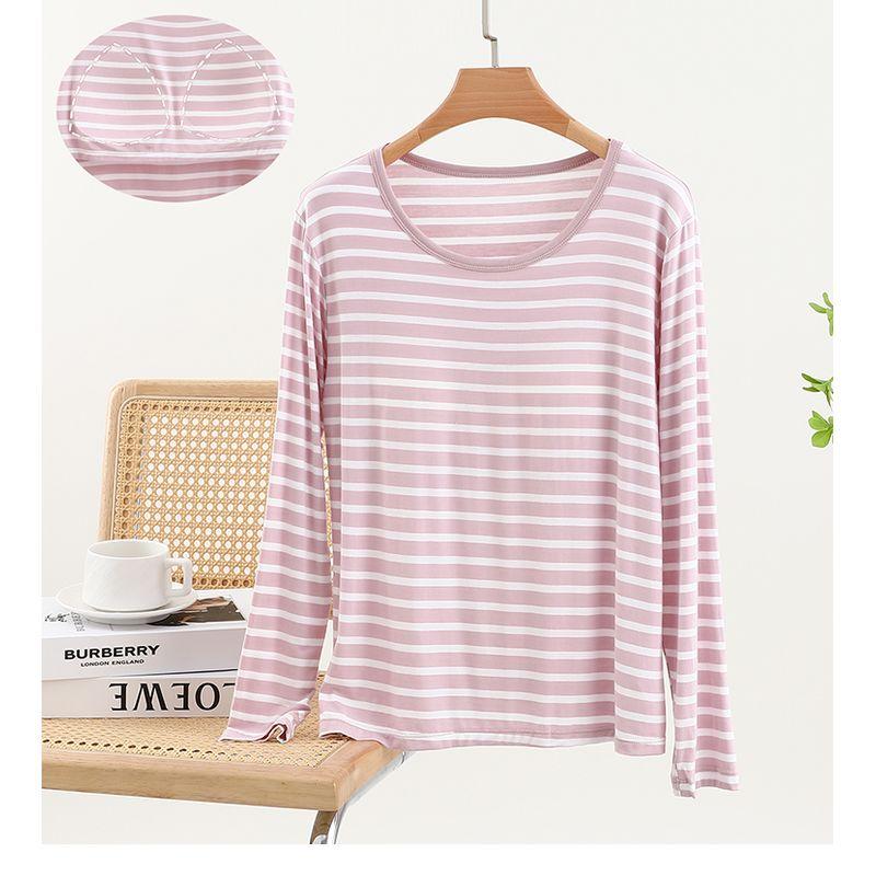 

Полосатая футболка с модальными вставками на груди и длинными рукавами. Весенне-осенняя футболка без бюстгальтера, больших размеров, в стиле кэжуал, свободного кроя, с круглым вырезом, универсальная. Pink 2XL (75.00 kg-85.00 kg recommended