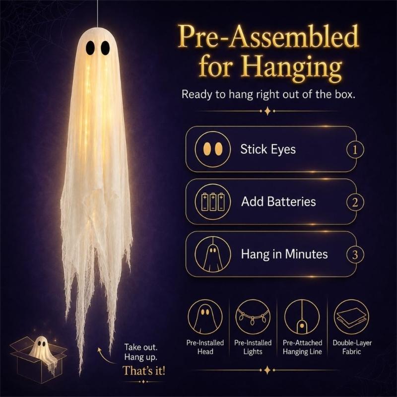 Halloween Hanging Figures Set of 3 with Lighted Design, White Gauze Porch Accent for Entryway Tree Area and Party Home Styling Theme