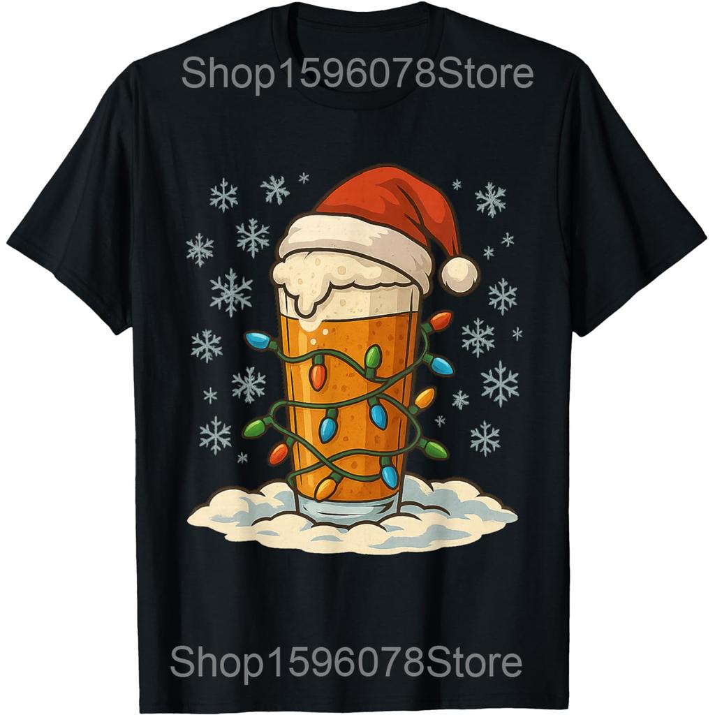 Vtipné pití Vánoce Santa Pivo Vánoční světla Trička Muži Bavlna Humor Streetwear Tričko Krátký rukáv Unisex Volné oblečení
