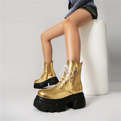 FOREADA Women Ankle Boots Round Toe Thick High Heels Platform Zipper Lace-up Short Boots Ladies Fashion Shoes Autumn Winter 44