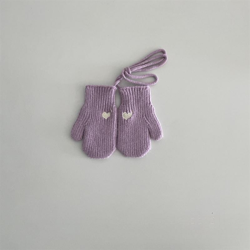 Winter Winddicht Kältefest Warm Kinderhandschuhe 2-5 Jahre Gesticktes Herz Halsband Strick Cremefarben Babygarn Säuglingswolle