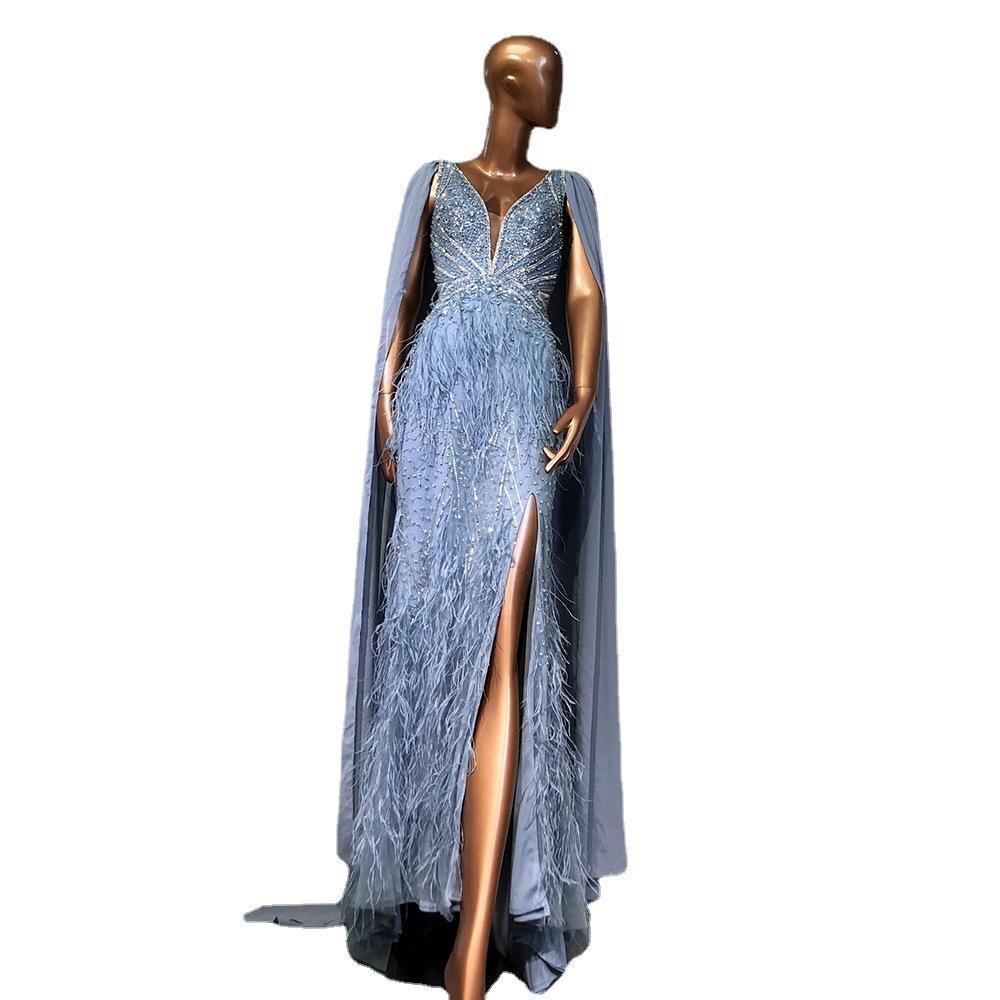 New light luxury bead feather split fork fish tail floating sleeve elegant niche banquet host evening dress LA11181A
