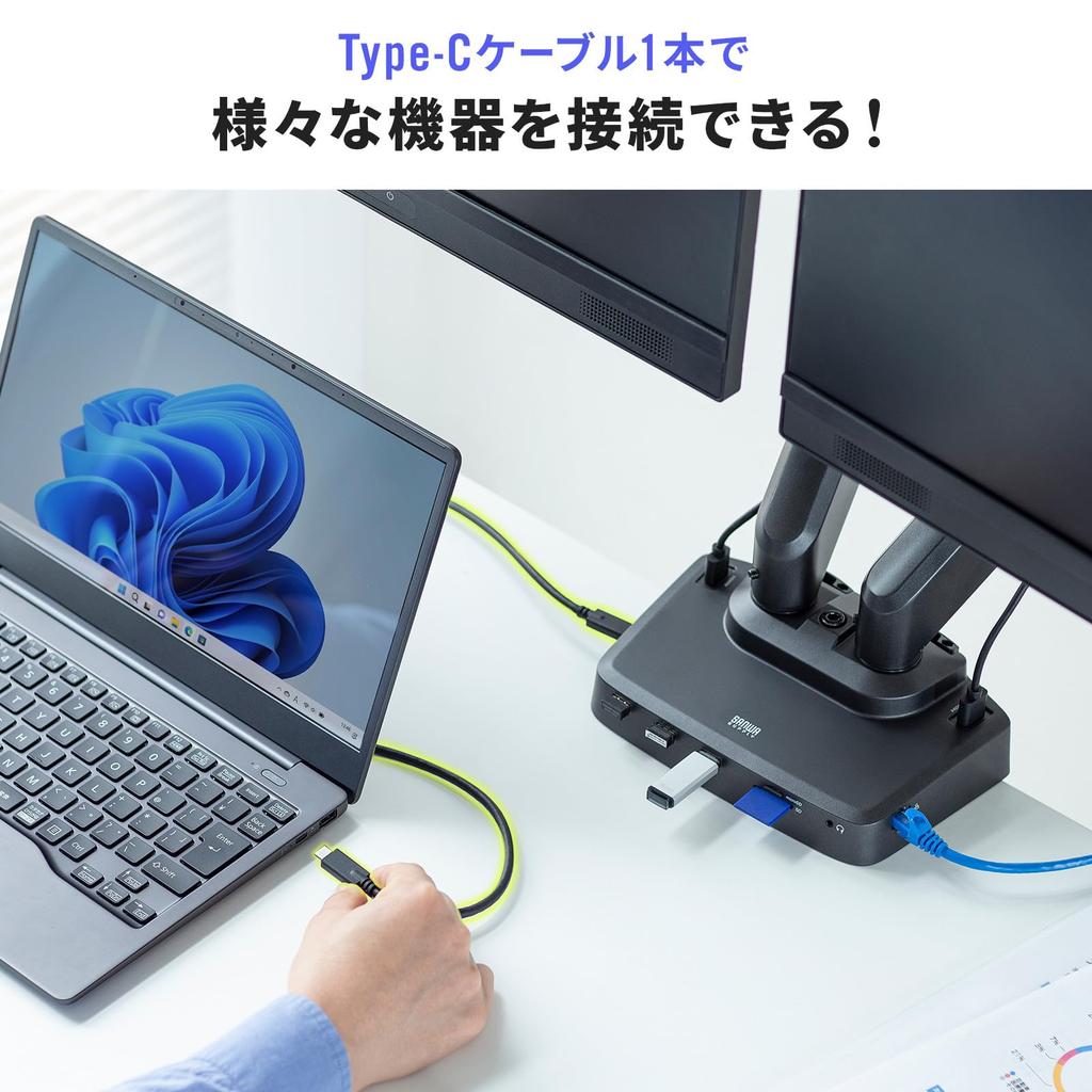 Sanwa Supply Monitor Arm with Docking Station Gas Spring (Dual Arm, Type) CR-LACDK2402BK