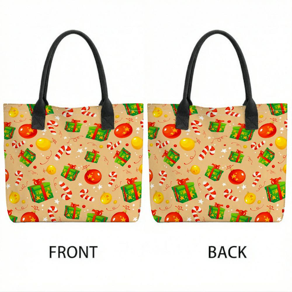  Christmas Print Tote Bag Large Capacity Casual Portable Shoulder Handbag for Daily Shopping Travel