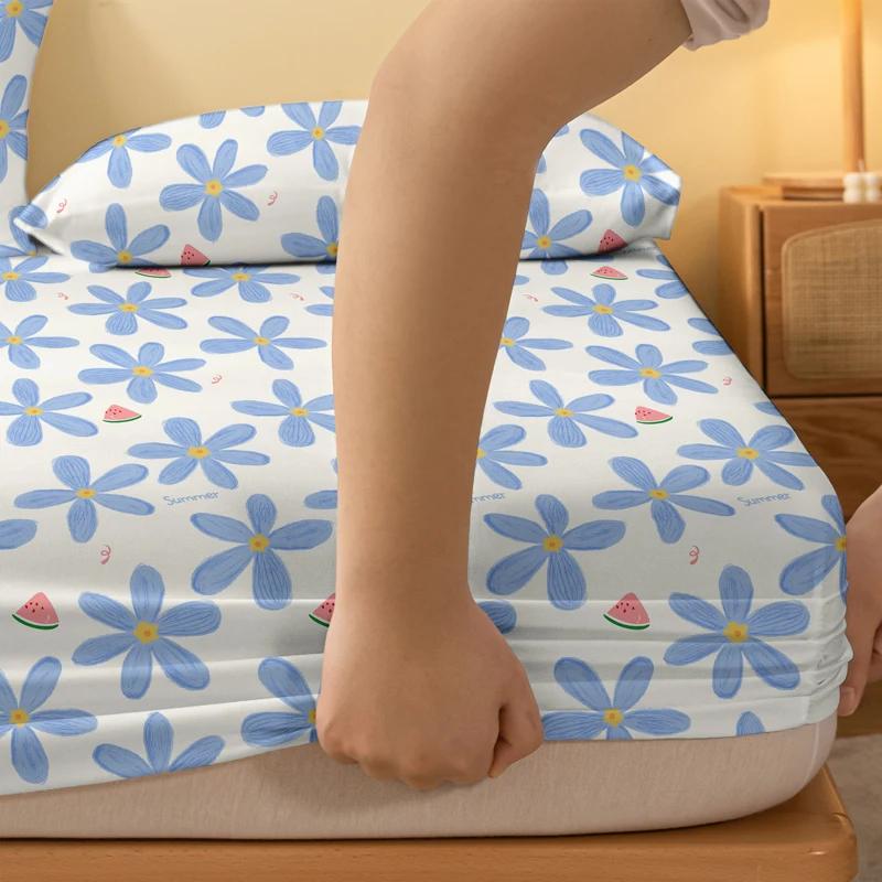 Simple 1 Modern Plant Flower Fruit Printed Matte Fitted Sheet, Bedroom Printed Bed Cover, Bedding Excluding Pillowcases