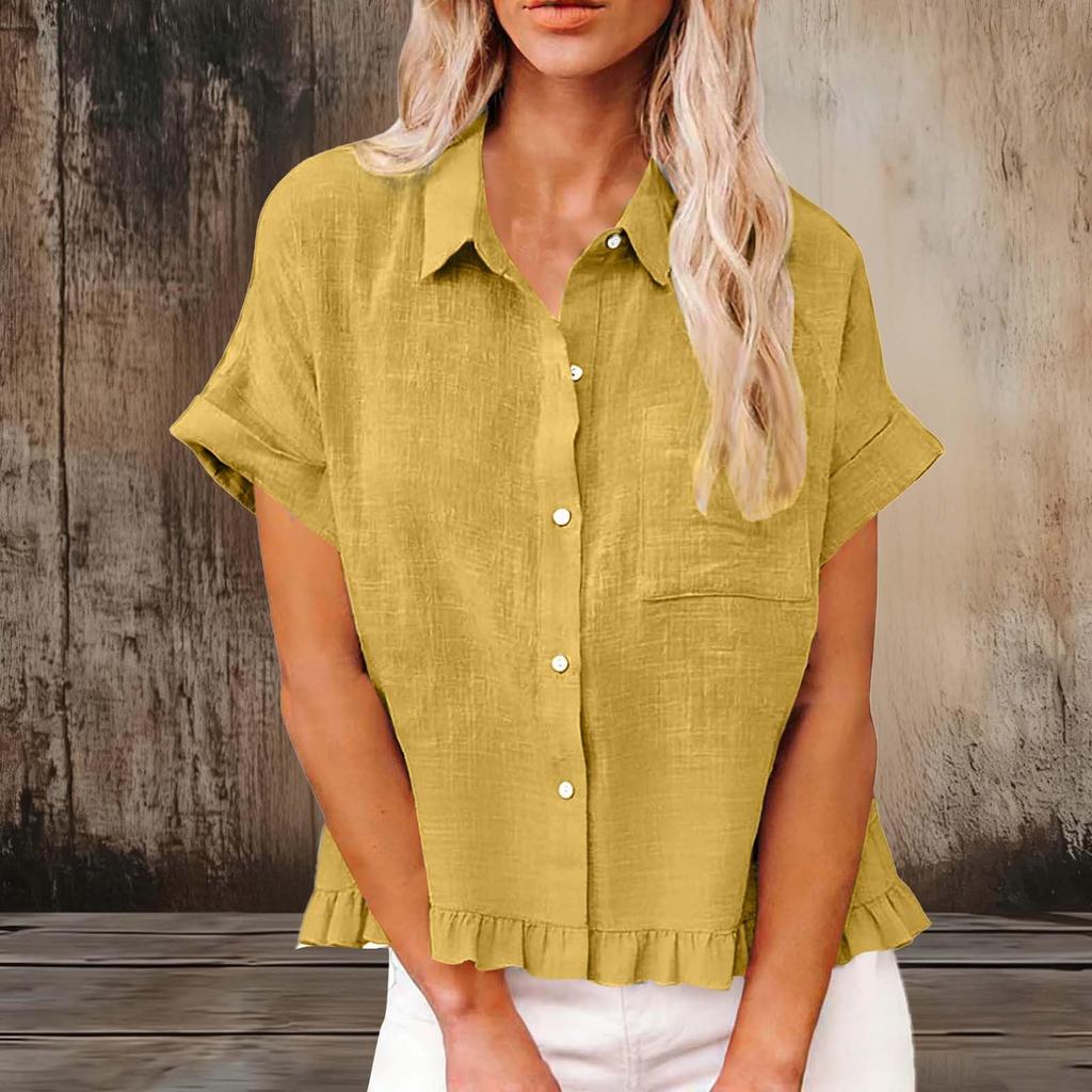 Women's Fashionable Loose-Fit Casual Shirt Button-Up Short-Sleeve Cotton-Linen Blend Top