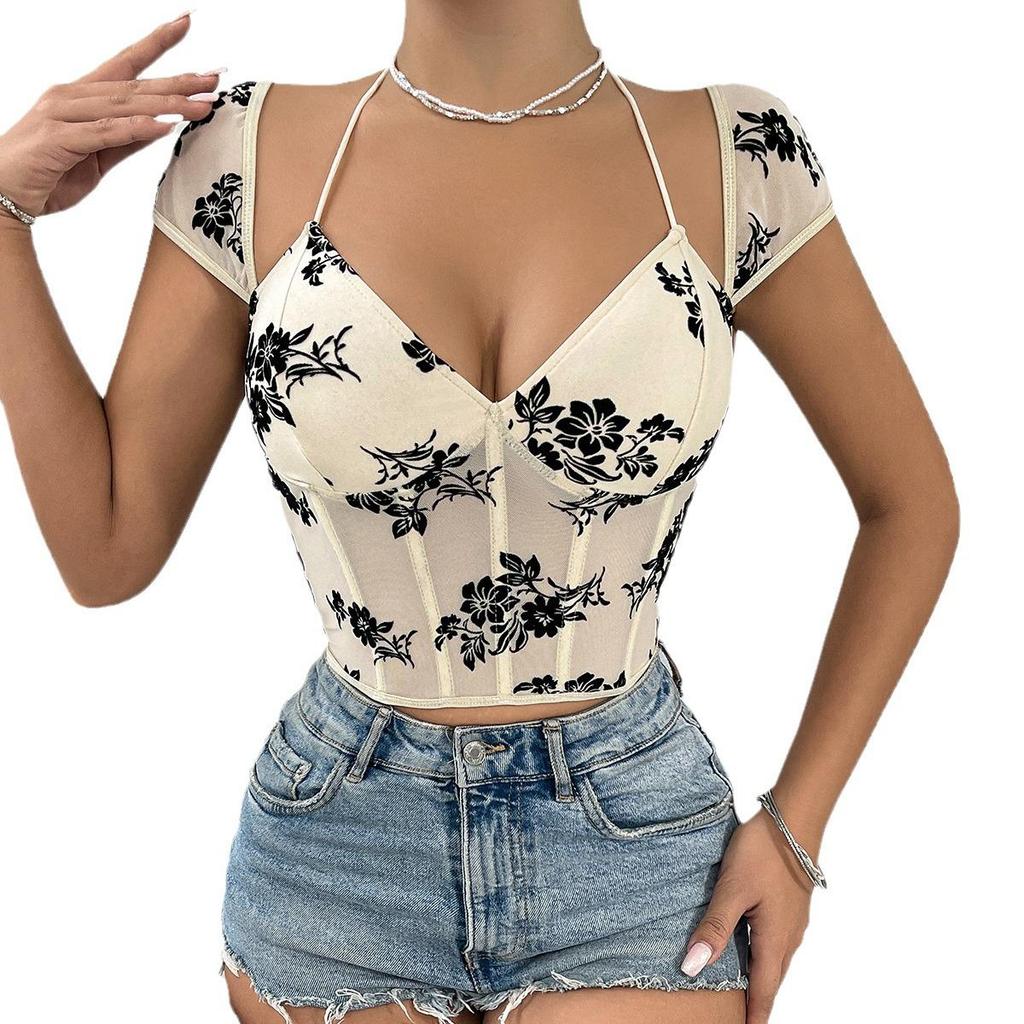 European-American Spicy Girl See-through Low-cut Lace-up Flocked Short Tank Top K0652