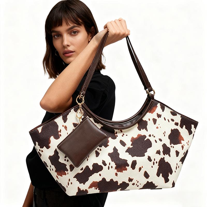 Cow Print Tote Bag With matching Purse,Women Large Capacity Wing Style Storage Versatile Work Commute Handbag, Shoulder Bag