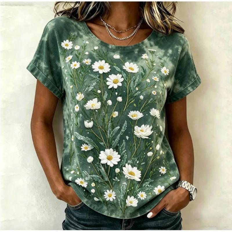 Mori Colorful Small Floral Round Neck Short-sleeved Women's Idyllic Loose Casual Summer Top