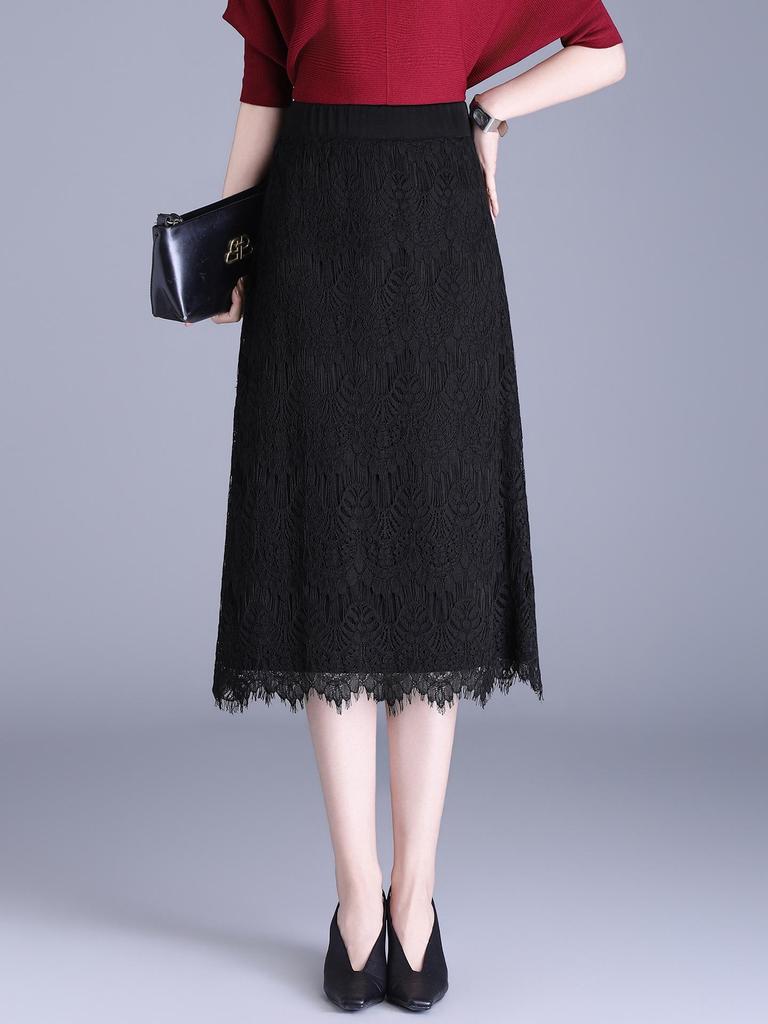 2026 Spring/Summer Black Lace Korean Style Slim Midi A-line Skirt